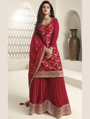Red Viscose Chinon Semi Stitched Sharara Suit small FABSL21688