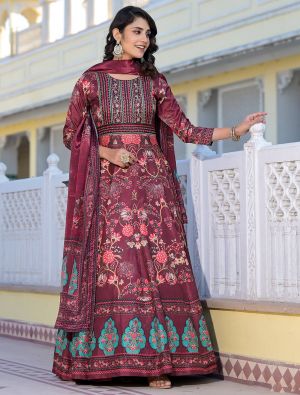 rich burgundy dola silk premium gown with dupatta fabgo20307