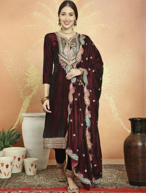 Rich Maroon Premium Velvet Salwar Suit With Traditional Cording small FABSL21718