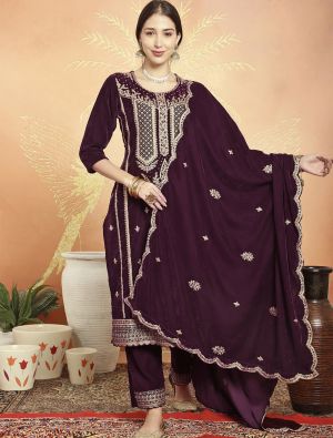 Rich Wine Premium Velvet Salwar Suit With Traditional Cording small FABSL21725