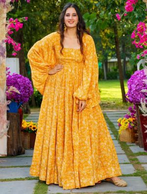rich yellow georgette printed readymade gown fabgo20253
