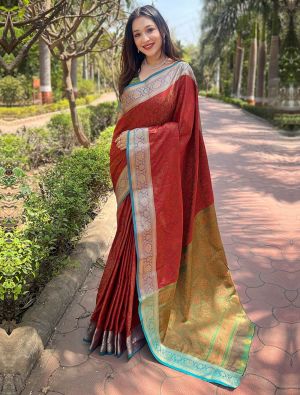 Rusty Red Art Silk Saree With Kashmiri Style Weaving