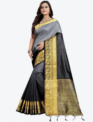 Black Cotton Silk Designer Saree small FABSA20799
