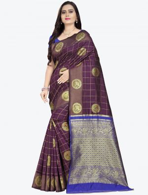 Purple Banarasi cotton silk Designer Saree small FABSA20791