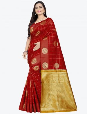 Red Banarasi cotton silk Designer Saree small FABSA20788