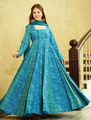 sea blue georgette printed readymade gown with dupatta fabgo20258