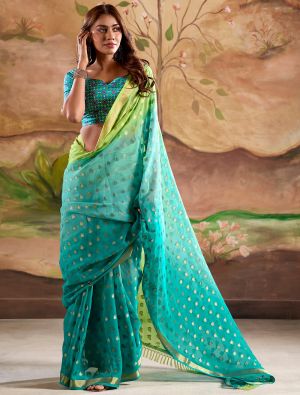 Sea Green Banarasi Georgette Saree With Zari Woven Motifs