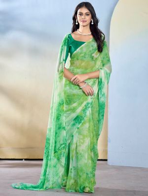 Sea Green Georgette Ready To Wear Saree With Unstitched Blouse