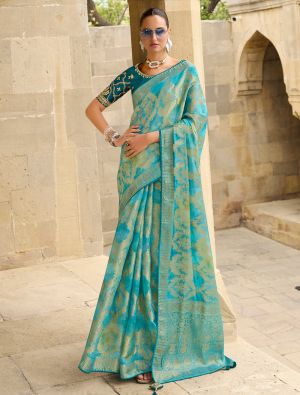 Sea Green Jacquard Silk Elegant Saree With Woven Work