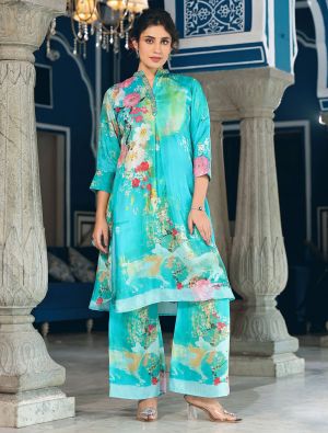 sea green muslin digital printed stylish co ord set fabku20971