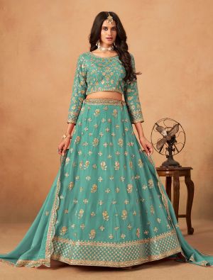Sea Green Organza Embroidered Wedding Lehenga Choli small FABLE20506