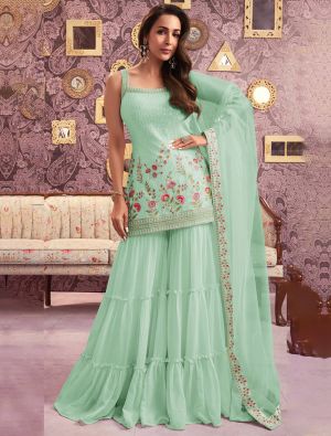 Seafoam Green Georgette Semi Stitched Embroidered Sharara Suit small FABSL22001