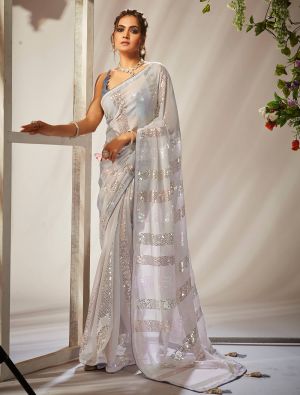 Silver White Georgette Party Wear Saree With Sequins