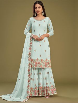 Sky Blue Georgette Semi Stitched Embroidered Sharara Suit small FABSL21681