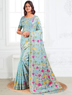 Sky Blue Linen Cotton Jacquard Woven Saree