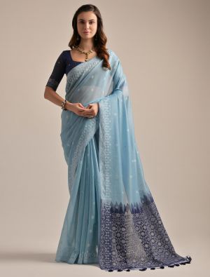 Sky Blue Muga Cotton Saree With Jamdani Weaving