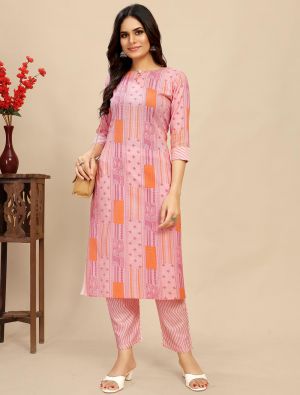 soft pink printed cotton kurti with matching pant fabku21004