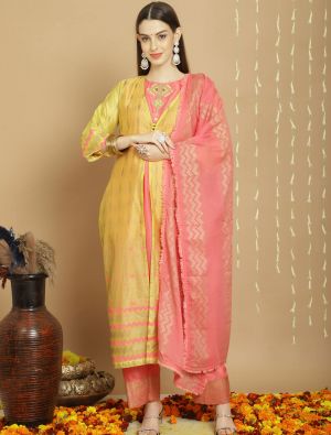Sunny Yellow Chanderi Silk Semi Stitched Salwar Suit small FABSL21737