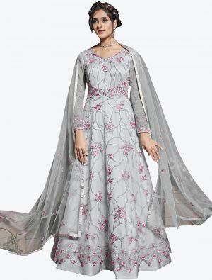 Bluish Grey Net Semi Stitched Floor Length Suit with Dupatta FABSL20399