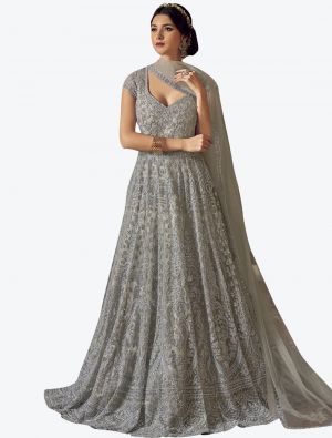 Crystal Grey Net Semi Stitched Floor Length Suit with Dupatta FABSL20393