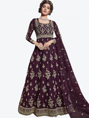 Dark Wine Net Semi Stitched Floor Length Suit with Dupatta FABSL20401