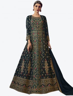 Forest Green Net Semi Stitched Floor Length Suit with Dupatta FABSL20392