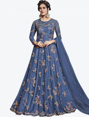 Greyish Blue Net Semi Stitched Floor Length Suit with Dupatta FABSL20403