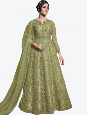 Mild Green Net Semi Stitched Floor Length Suit with Dupatta FABSL20402