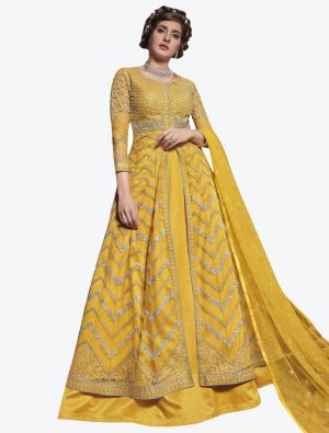 Mustard Yellow Net Semi Stitched Floor Length Suit with Dupatta FABSL20400