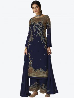 Navy Blue Soft Georgette Semi Stitched Straight Suit with Dupatta small FABSL20418