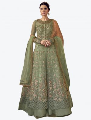 Soft Green Net Semi Stitched Floor Length Suit with Dupatta FABSL20390