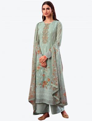 Bluish Grey Embroidered Pure Georgette Straight Suit with Dupatta small FABSL20533