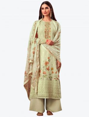 Mint Cream Embroidered Pure Georgette Straight Suit with Dupatta small FABSL20531