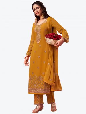 Mustard Embroidered Fine Georgette Straight Suit with Dupatta small FABSL20538