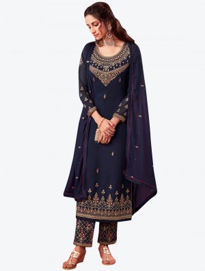 Navy Blue Embroidered Fine Georgette Straight Suit with Dupatta small FABSL20540