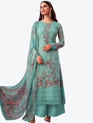 Pastel Turquoise Embroidered Pure Georgette Straight Suit with Dupatta small FABSL20530
