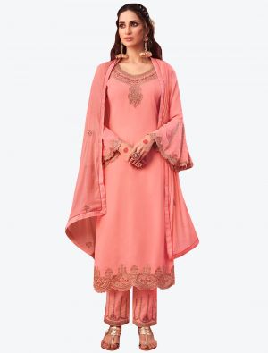 Peach Embroidered Fine Georgette Straight Suit with Dupatta small FABSL20535