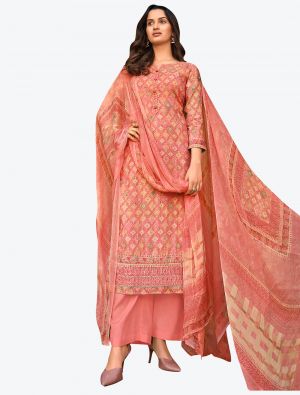 Peachy Pink Fine Muslin Straight Suit with Pure Chiffon Dupatta small FABSL20524