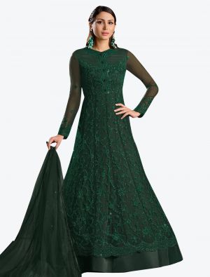 bottle green butterfly net semi stitched party wear gown with dupatta fabgo20103