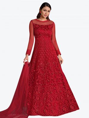 dark red butterfly net semi stitched party wear gown with dupatta fabgo20106