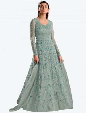 pastel blue butterfly net semi stitched party wear gown with dupatta fabgo20104