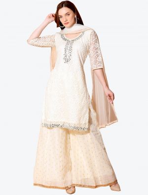 Whitish Cream Net Designer Party Wear Suit with Dupatta small FABSL20557