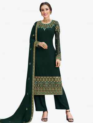 Bottle Green Embroidered Georgette Designer Straight Suit with Dupatta small FABSL20570