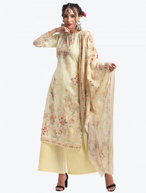 Creamy Yellow Digital Printed Embroidered Cotton Designer Straight Suit small FABSL20580
