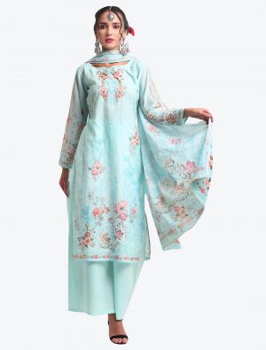 Light Turquoise Digital Printed Embroidered Cotton Designer Straight Suit small FABSL20578