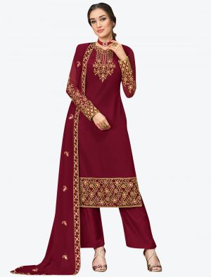 Maroon Embroidered Georgette Designer Straight Suit with Dupatta small FABSL20571