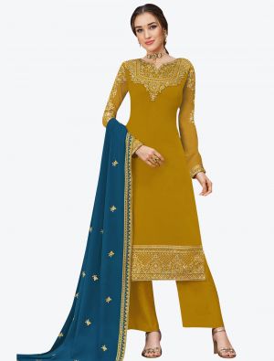 Mustard Yellow Embroidered Georgette Designer Straight Suit with Dupatta small FABSL20573