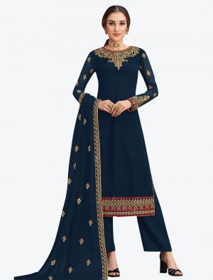 Navy Blue Embroidered Georgette Designer Straight Suit with Dupatta small FABSL20572
