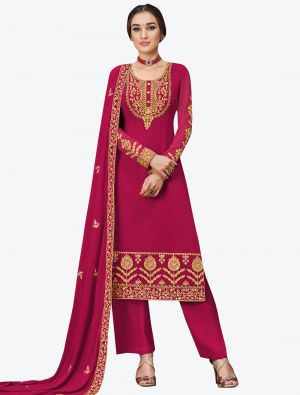 Rani Pink Embroidered Georgette Designer Straight Suit with Dupatta small FABSL20576