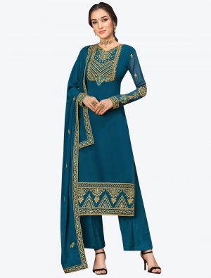 Teal Blue Embroidered Georgette Designer Straight Suit with Dupatta small FABSL20575